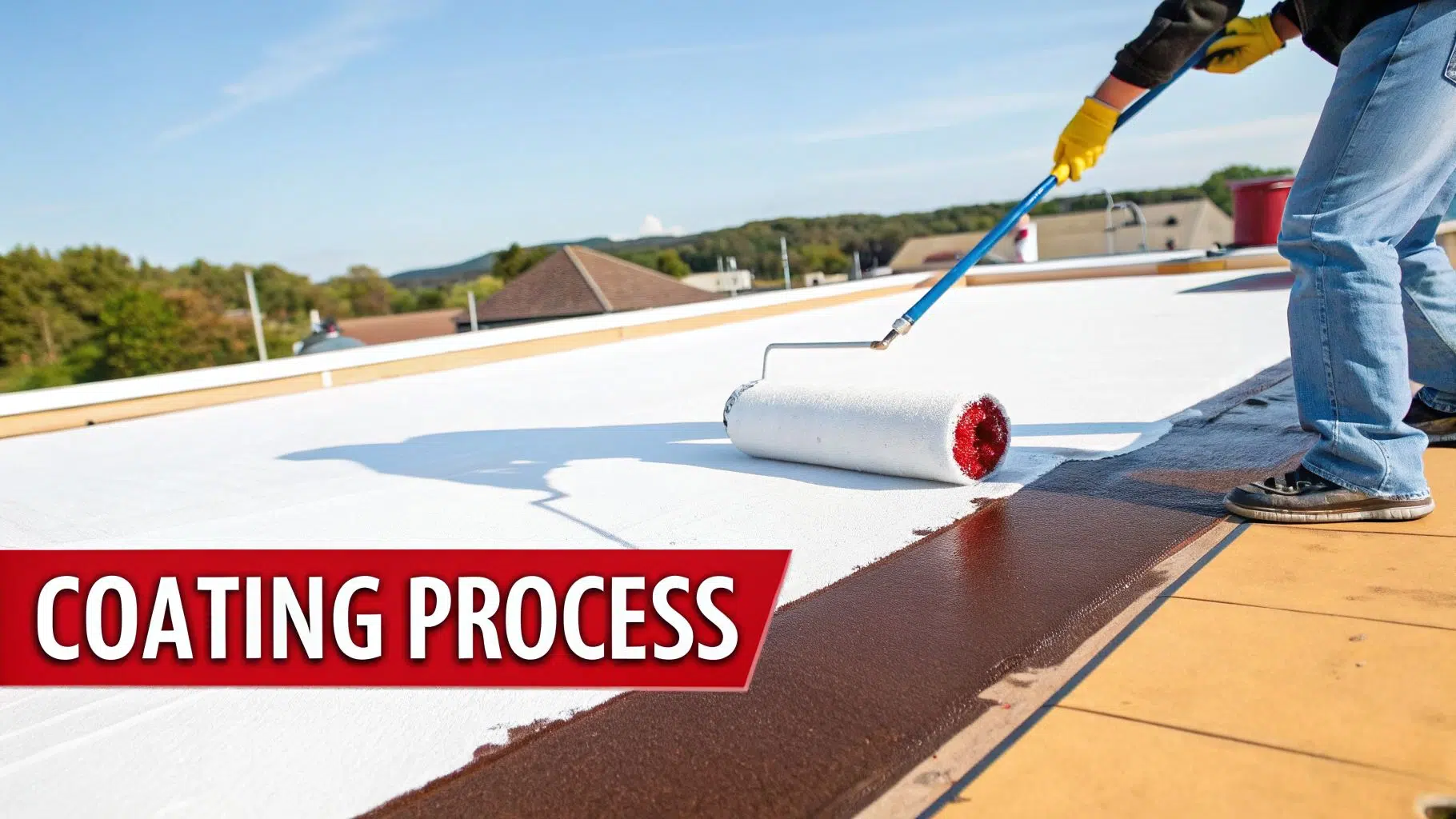 Person applying white protective coating to a flat roof with a roller on a sunny day.