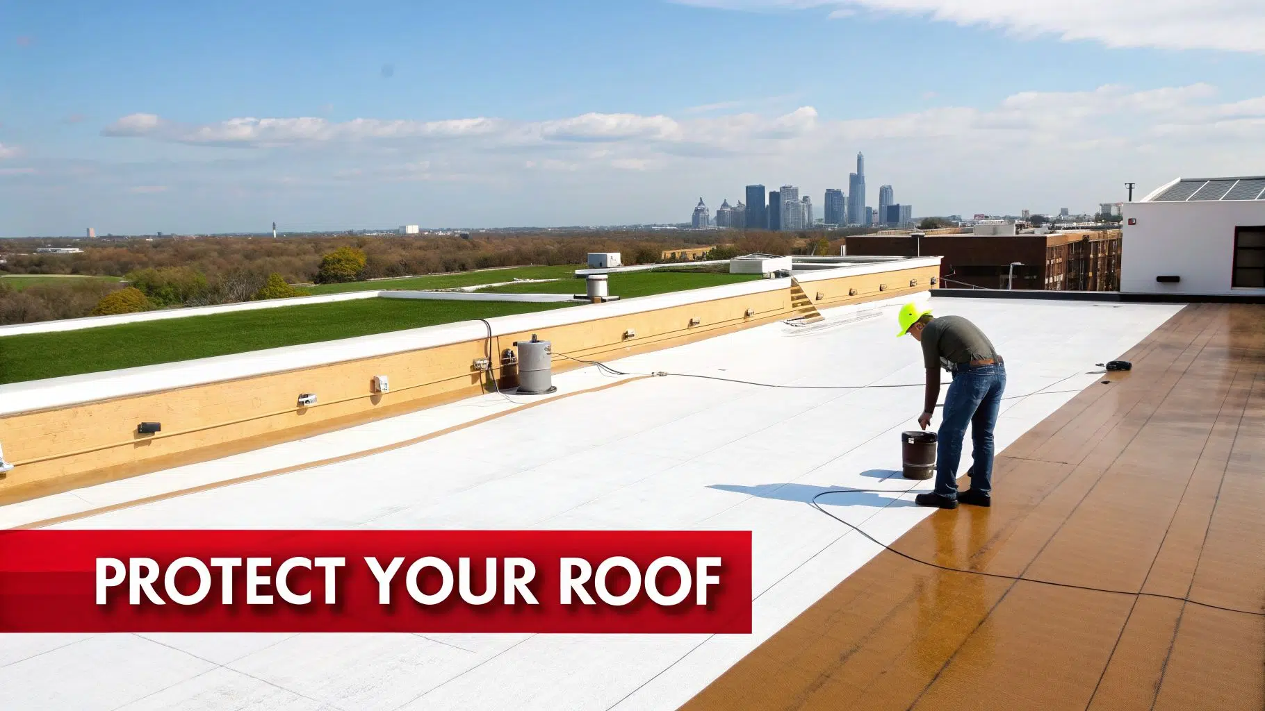 A worker applies a white coating to a large flat rooftop, with a green roof and Chicago skyline in the background.