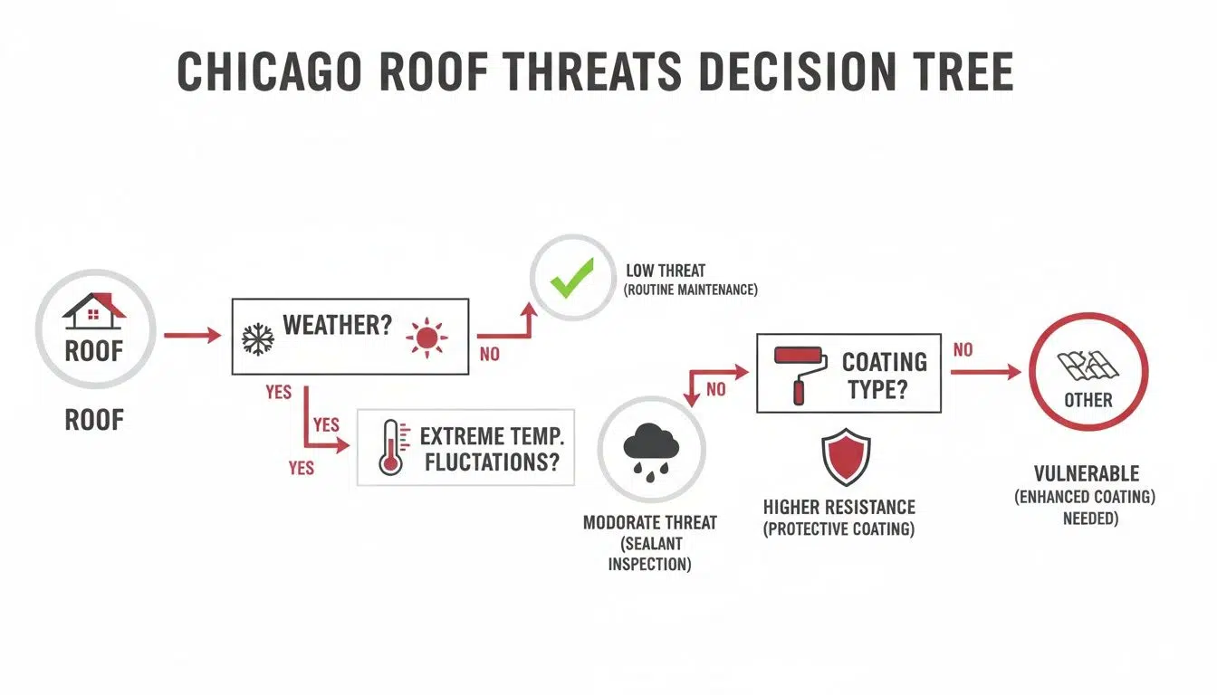Decision tree illustrating Chicago roof threats based on weather, temperature, and coating type.