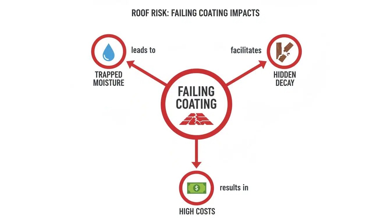 Flat Roof Coating Removal Cost in Chicago (2026) 2 Diagram illustrating roof risk: failing coating leads to trapped moisture, hidden decay, and high costs.
