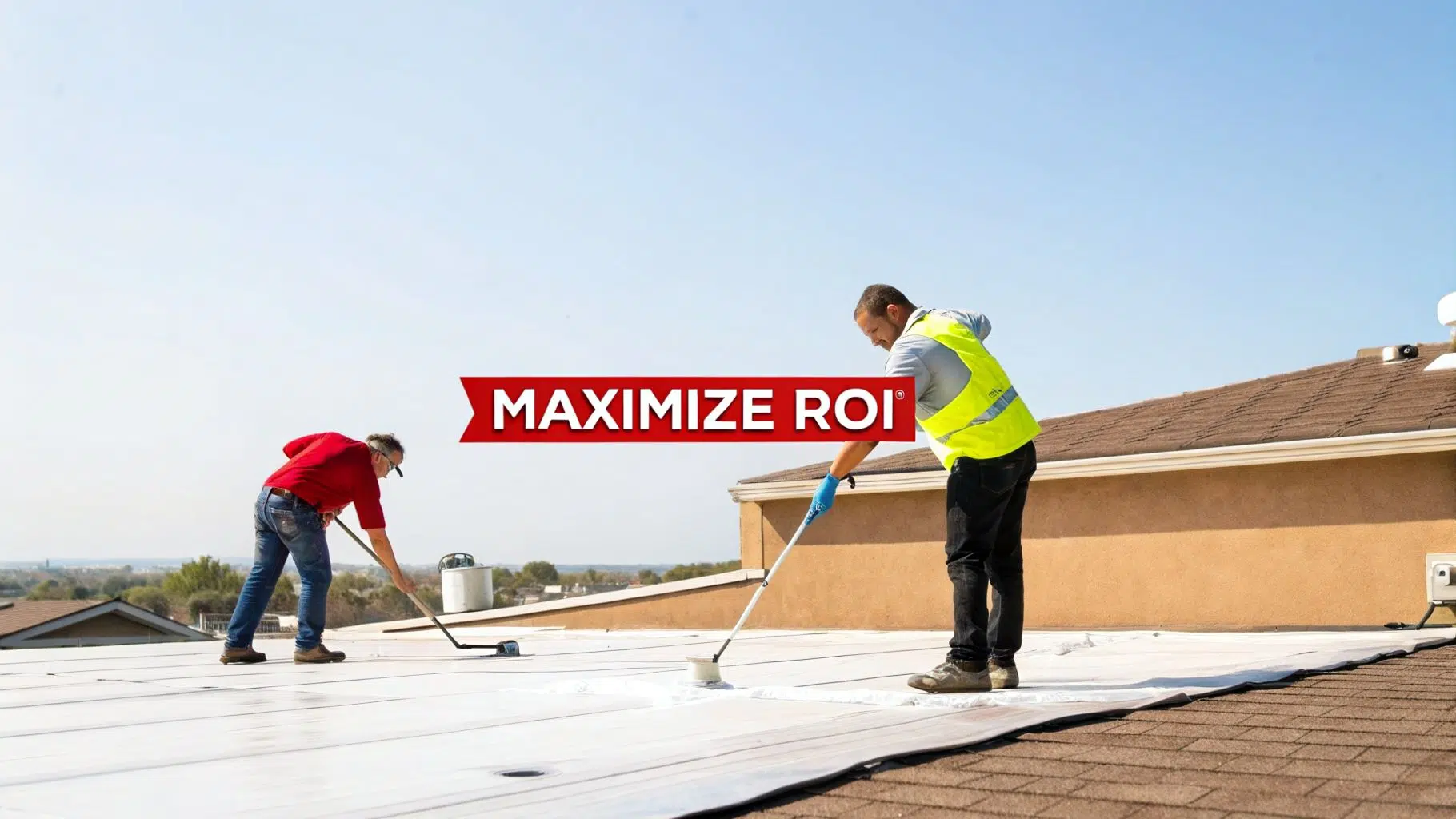 Flat Roof Coating Removal Cost in Chicago (2026) 3 Two contractors apply a white protective coating to a large flat commercial roof, maximizing ROI.