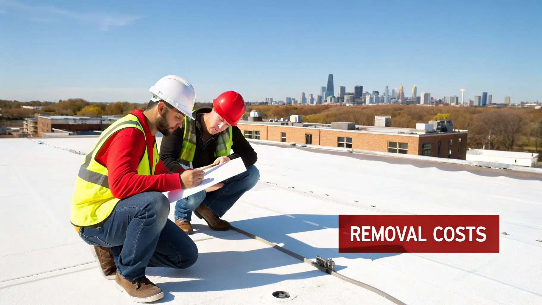Flat Roof Coating Removal Cost in Chicago (2026) 1 Two construction workers inspect a flat roof with documents, discussing removal costs against a city skyline.