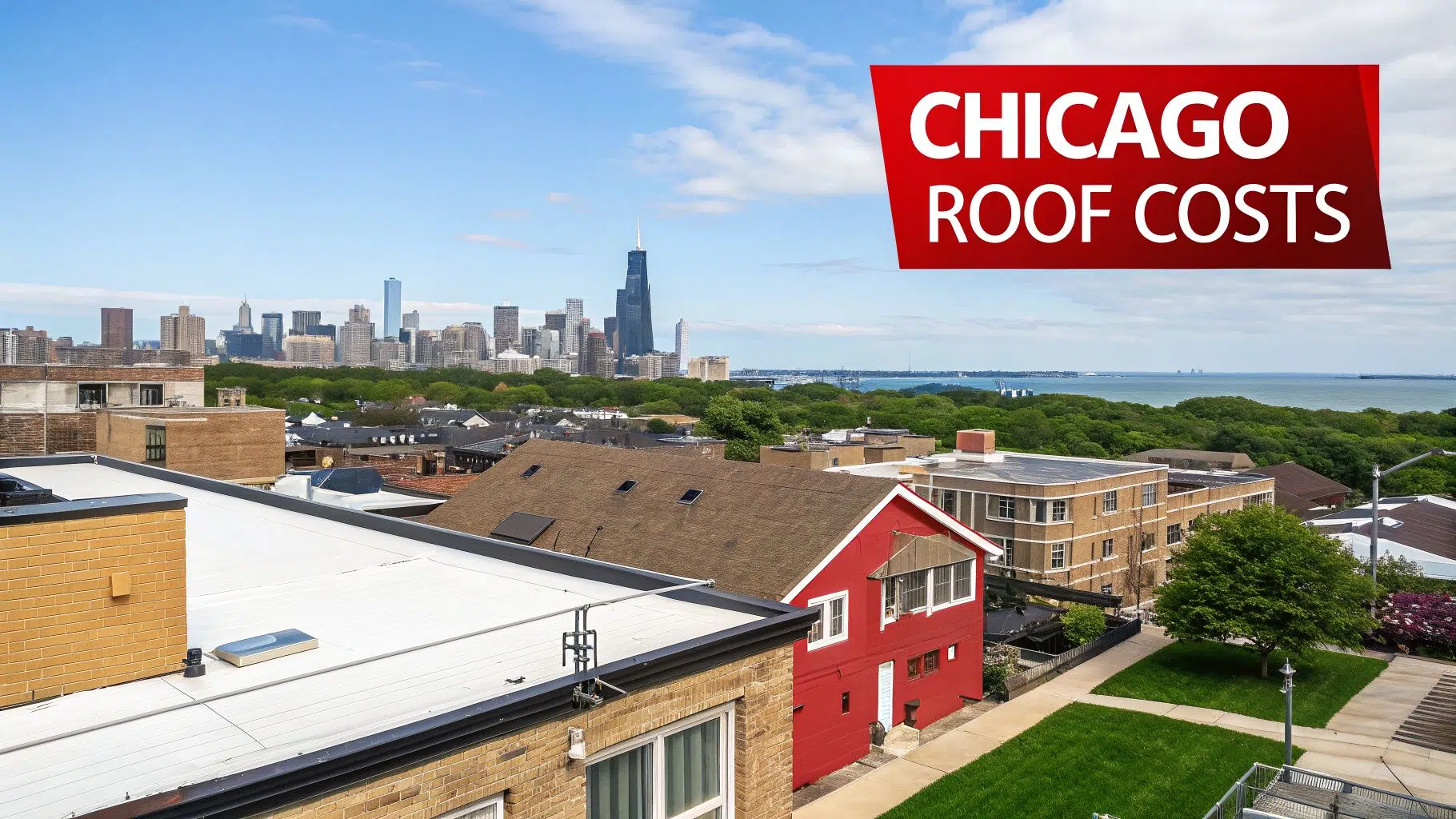 Roof Coating Repair Costs in Chicago (2026) 1 Panoramic view of Chicago skyline, Lake Michigan, residential buildings, and a banner for roof costs.