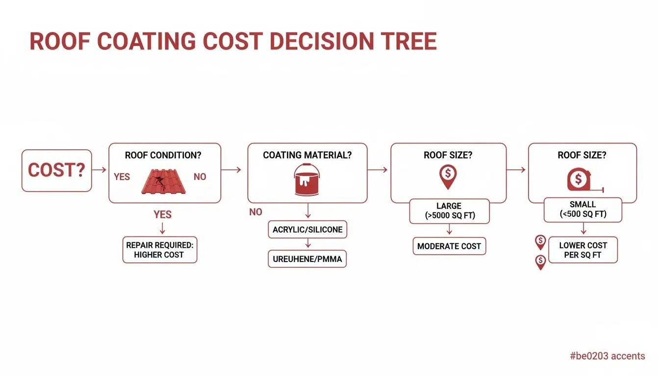 Roof Coating Repair Costs in Chicago (2026) 2 A decision tree flowchart illustrating factors affecting roof coating cost, including condition, material, and size.
