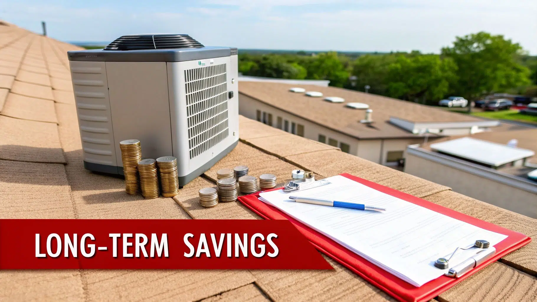 Roof Coating Repair Costs in Chicago (2026) 3 An outdoor HVAC unit on a shingled roof with stacks of coins and a clipboard, signifying long-term savings.