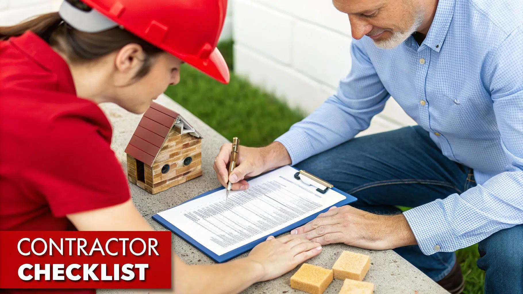 2026 Guide to Chicago Tuckpointing Prices 3 A construction worker and a client review a contractor checklist next to a model house.