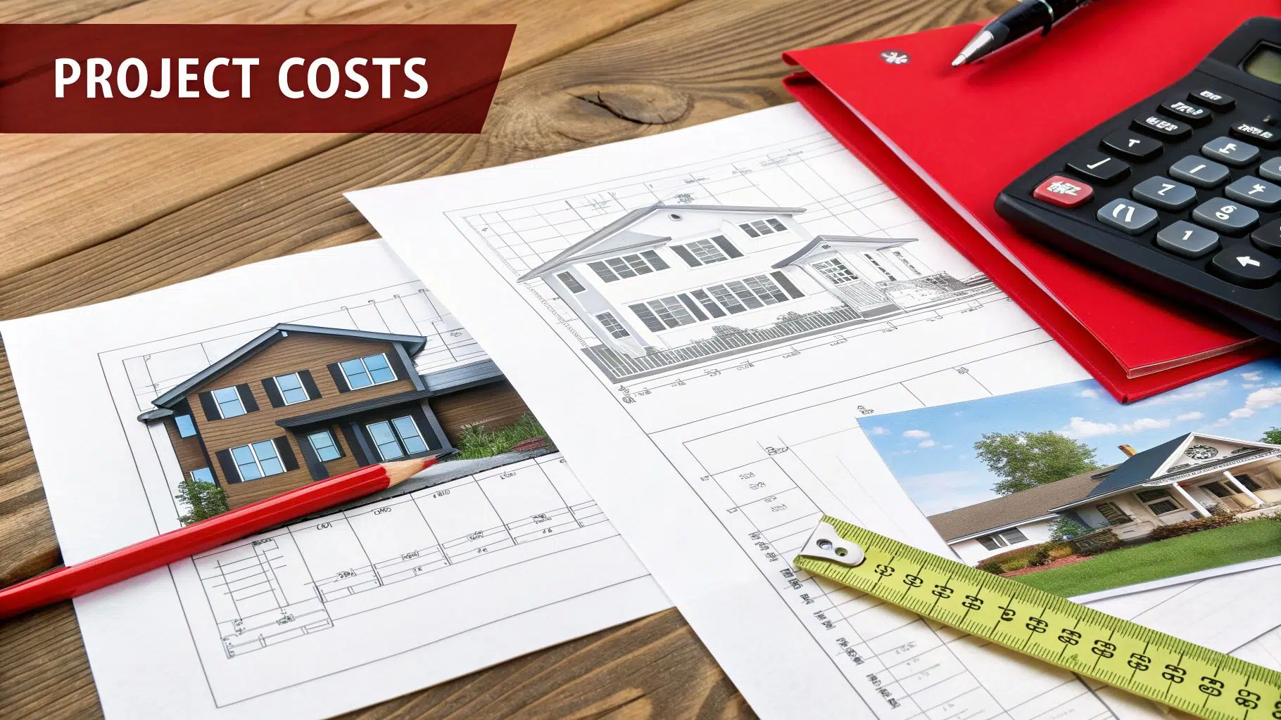 2026 Guide to Chicago Tuckpointing Prices 2 A flat lay of architectural blueprints, house models, and tools like a calculator, pen, and tape measure, related to project costs.