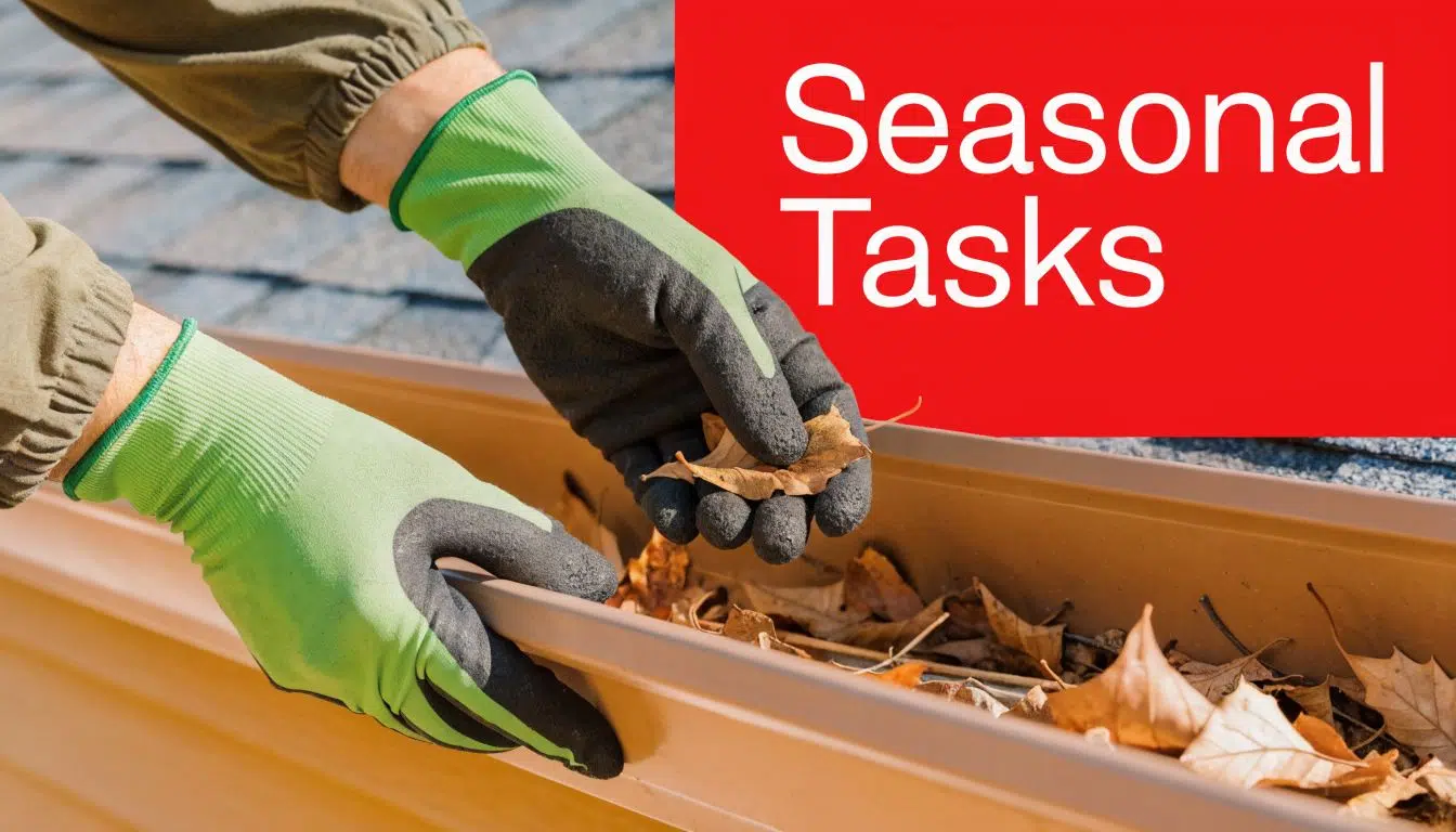 A person wearing protective gloves cleaning dry leaves from a residential home gutter on the roof