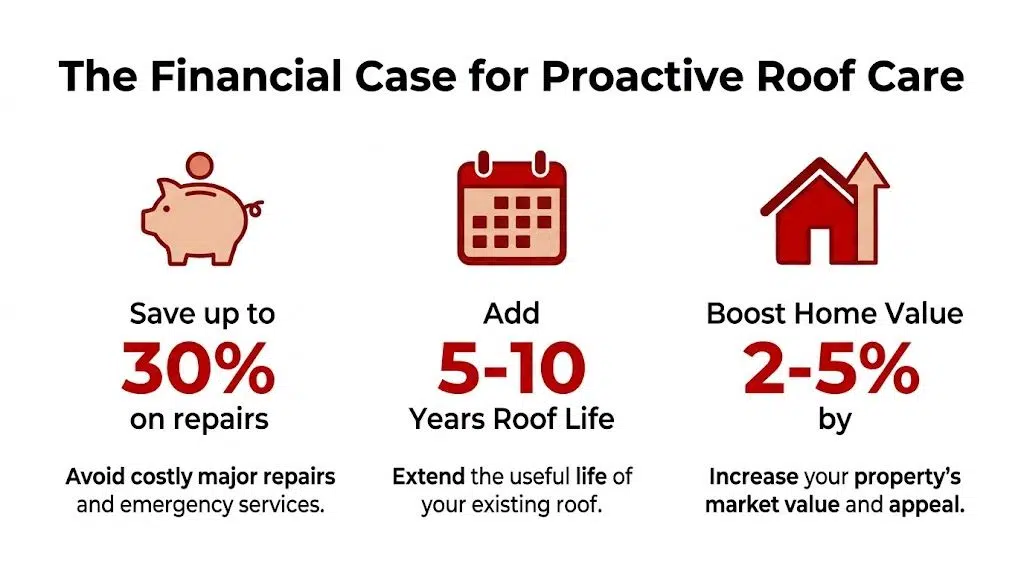 An infographic illustrating the financial benefits of proactive roof maintenance, including cost savings, extended lifespan, and increased home value.