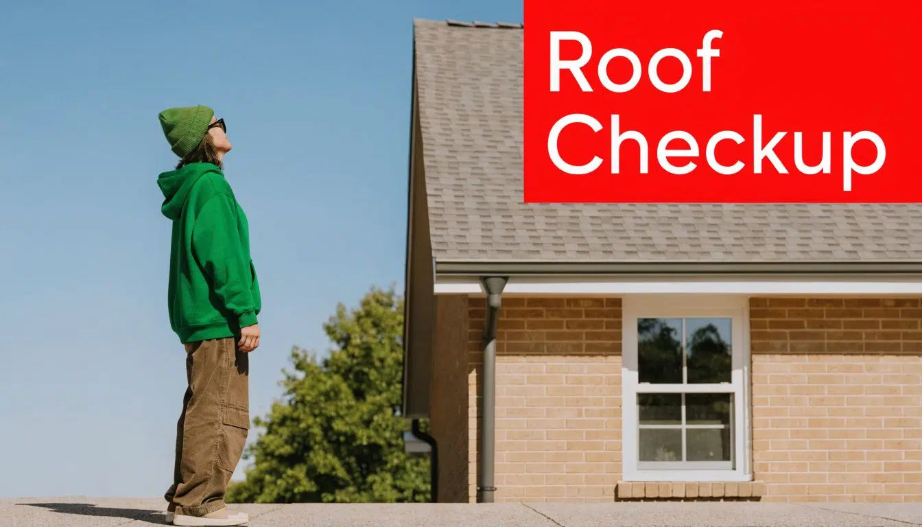 A person in a green hoodie and beanie looking up at a brick house roof for inspection.