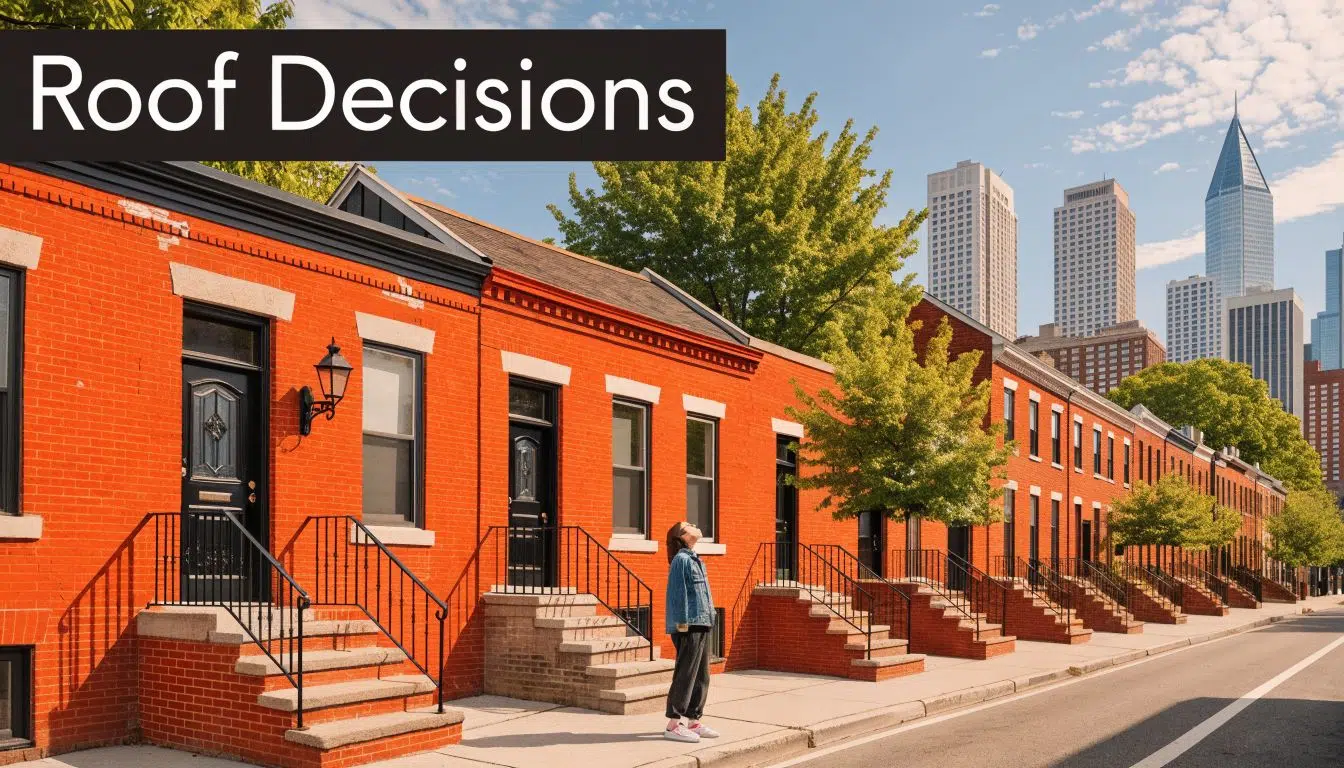 Architectural Shingles vs Composite Shingles 1 A person standing in front of a row of orange brick houses while looking up at roofs.