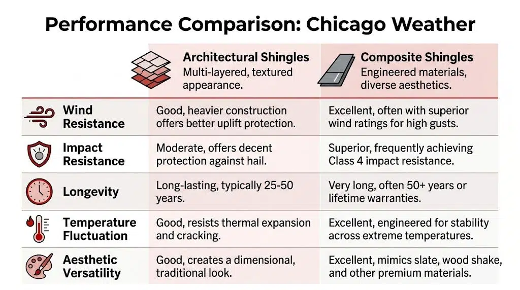 Architectural Shingles vs Composite Shingles 3 A comparison chart showing performance metrics of architectural shingles versus composite shingles for Chicago weather conditions.