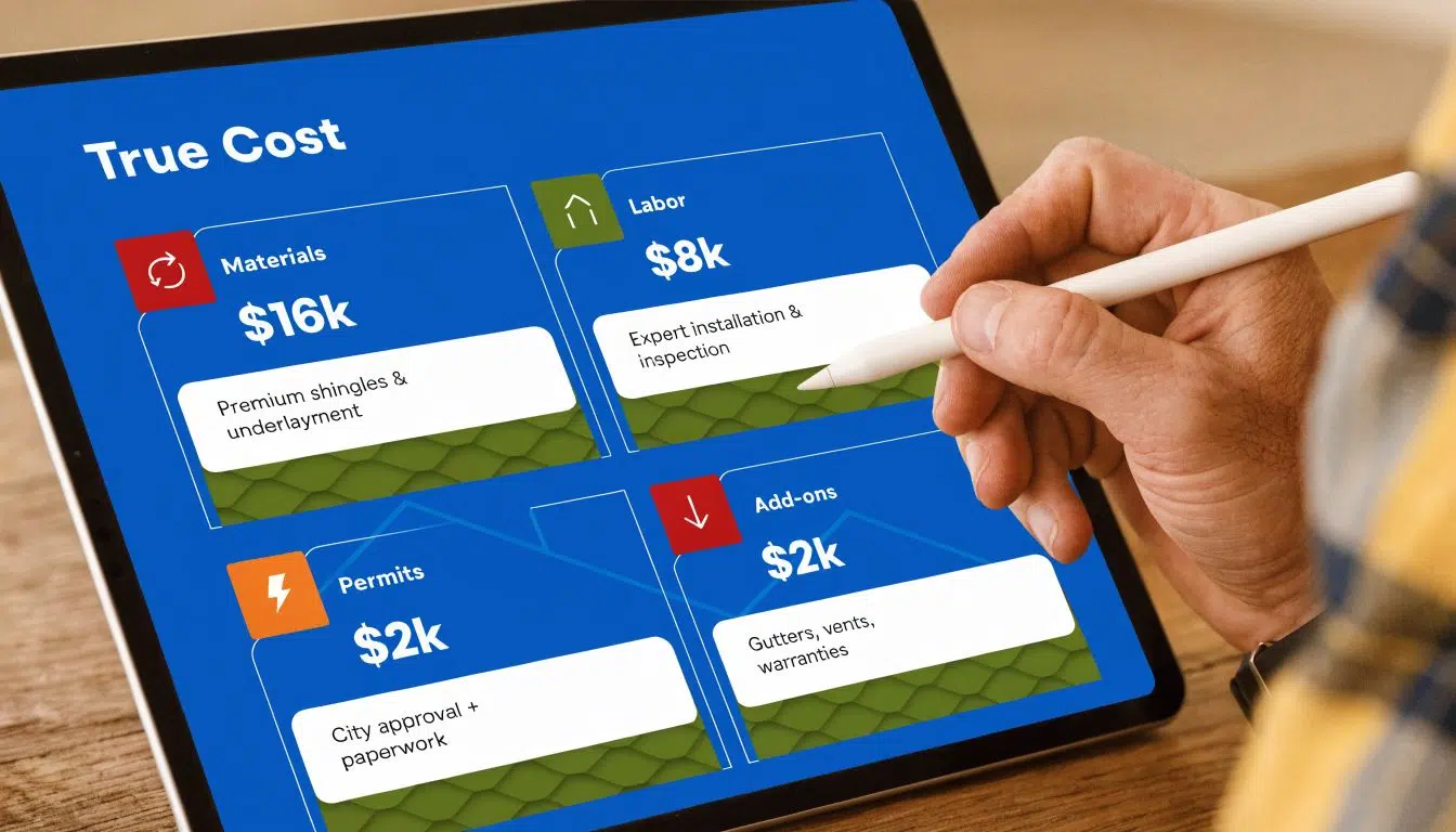 Architectural Shingles vs Composite Shingles 4 A digital screen displays a true cost breakdown for a roofing project, including materials, labor, permits, and add-ons.