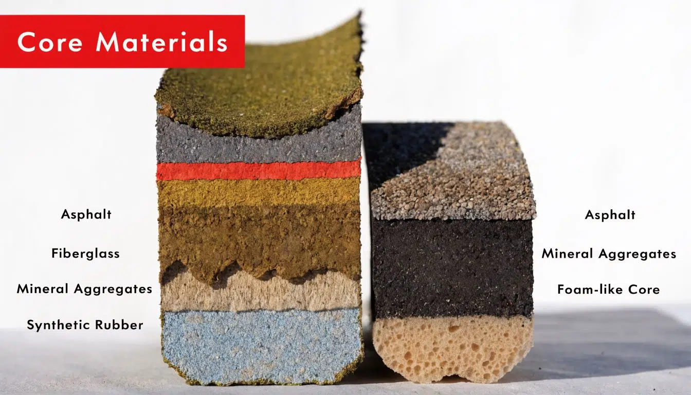 Architectural Shingles vs Composite Shingles 2 A close-up view showing the layered internal structure of two different architectural and composite roofing shingles.