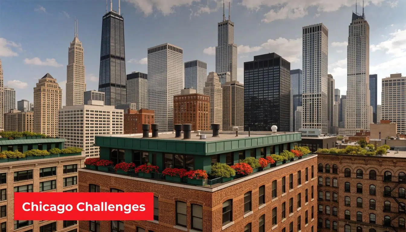 Are Metal Roofs More Expensive Than Shingles? 4 View of the Chicago skyline with historic brick buildings and modern skyscrapers on a sunny day.