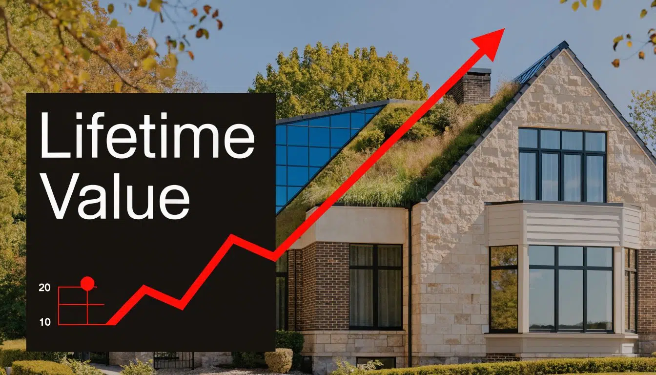 Are Metal Roofs More Expensive Than Shingles? 3 An arrow graph representing rising home lifetime value over a background image of a modern house.