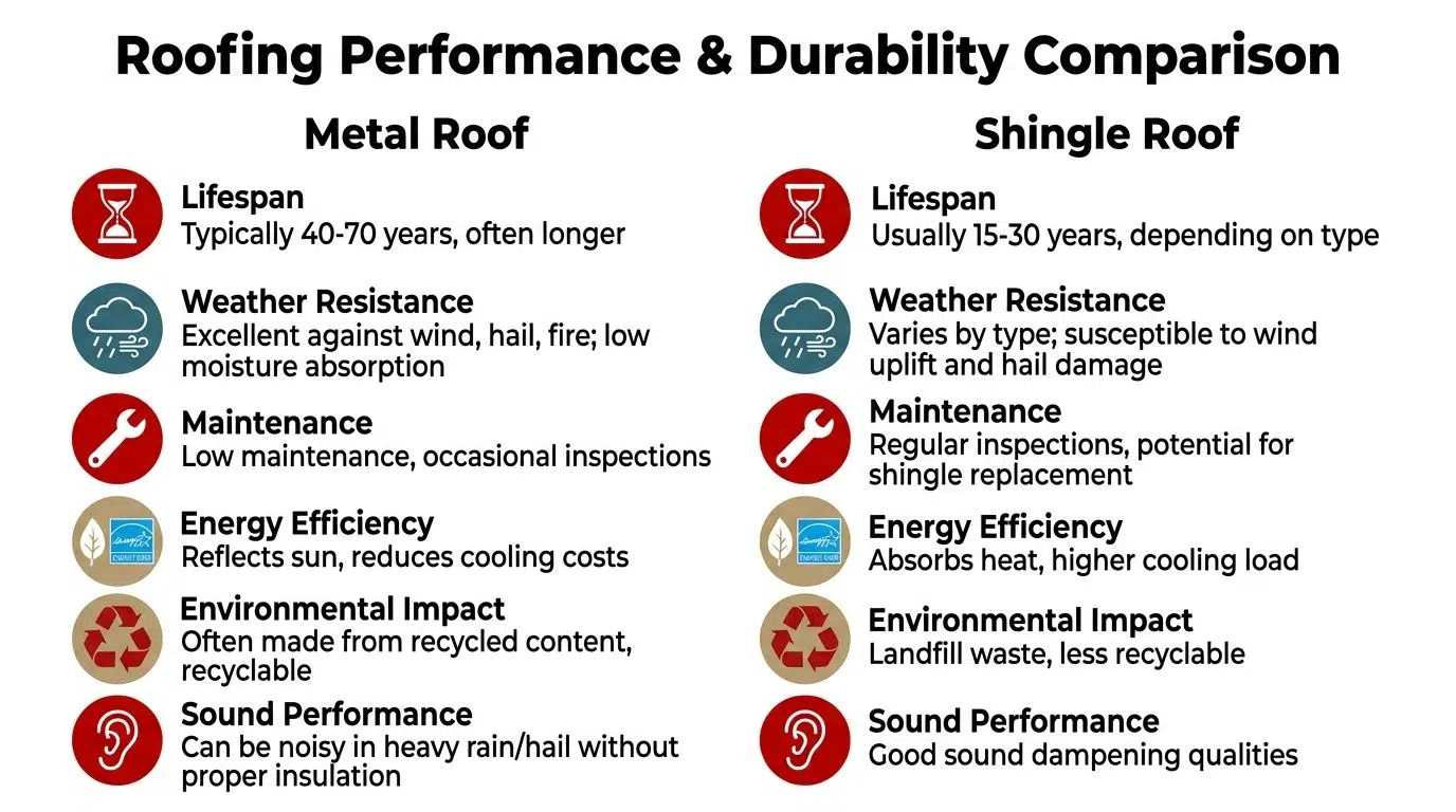 Are Metal Roofs More Expensive Than Shingles? 2 A comparison chart outlining performance and durability differences between metal and shingle roofing materials for homeowners.
