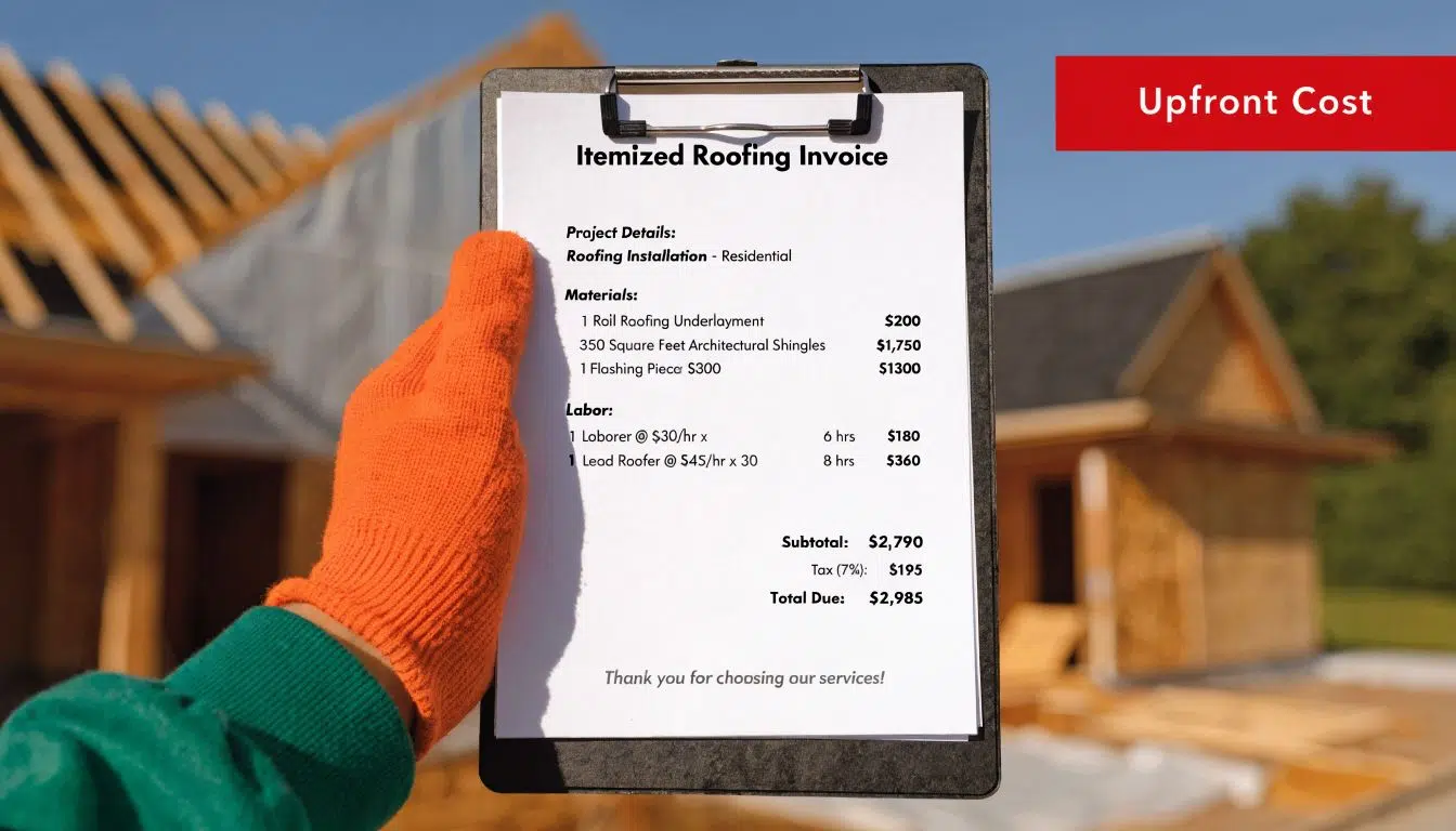 Are Metal Roofs More Expensive Than Shingles? 1 A hand wearing an orange glove holds a clipboard displaying an itemized residential roofing installation cost invoice.