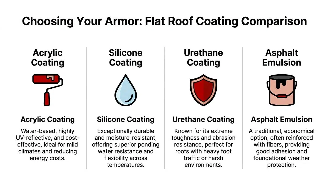 A comparison chart outlining the key features of four different flat roof coating types for homeowners.