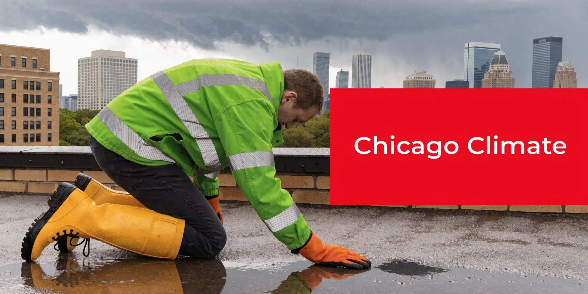 A construction worker in a high-visibility jacket inspecting water on a flat roof in Chicago.
