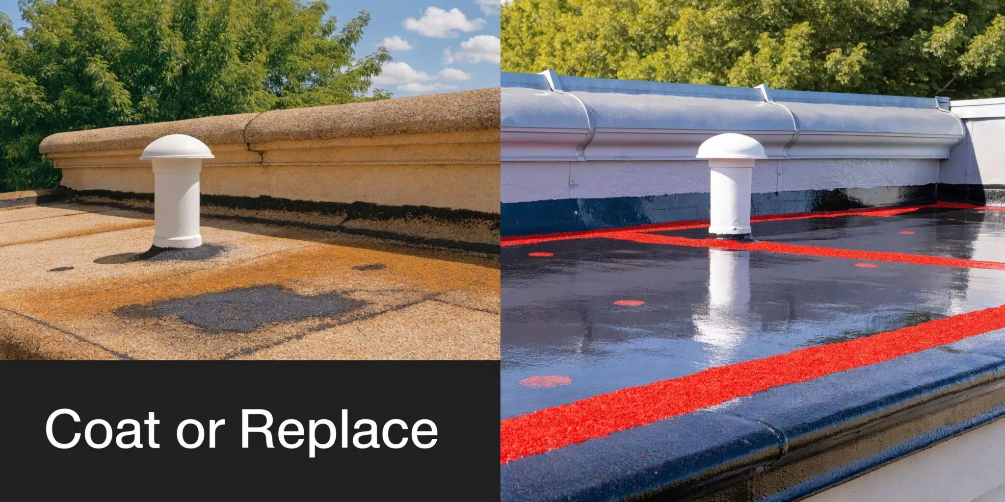 A split image showing a weathered flat roof being compared to a freshly coated waterproofed roof surface.