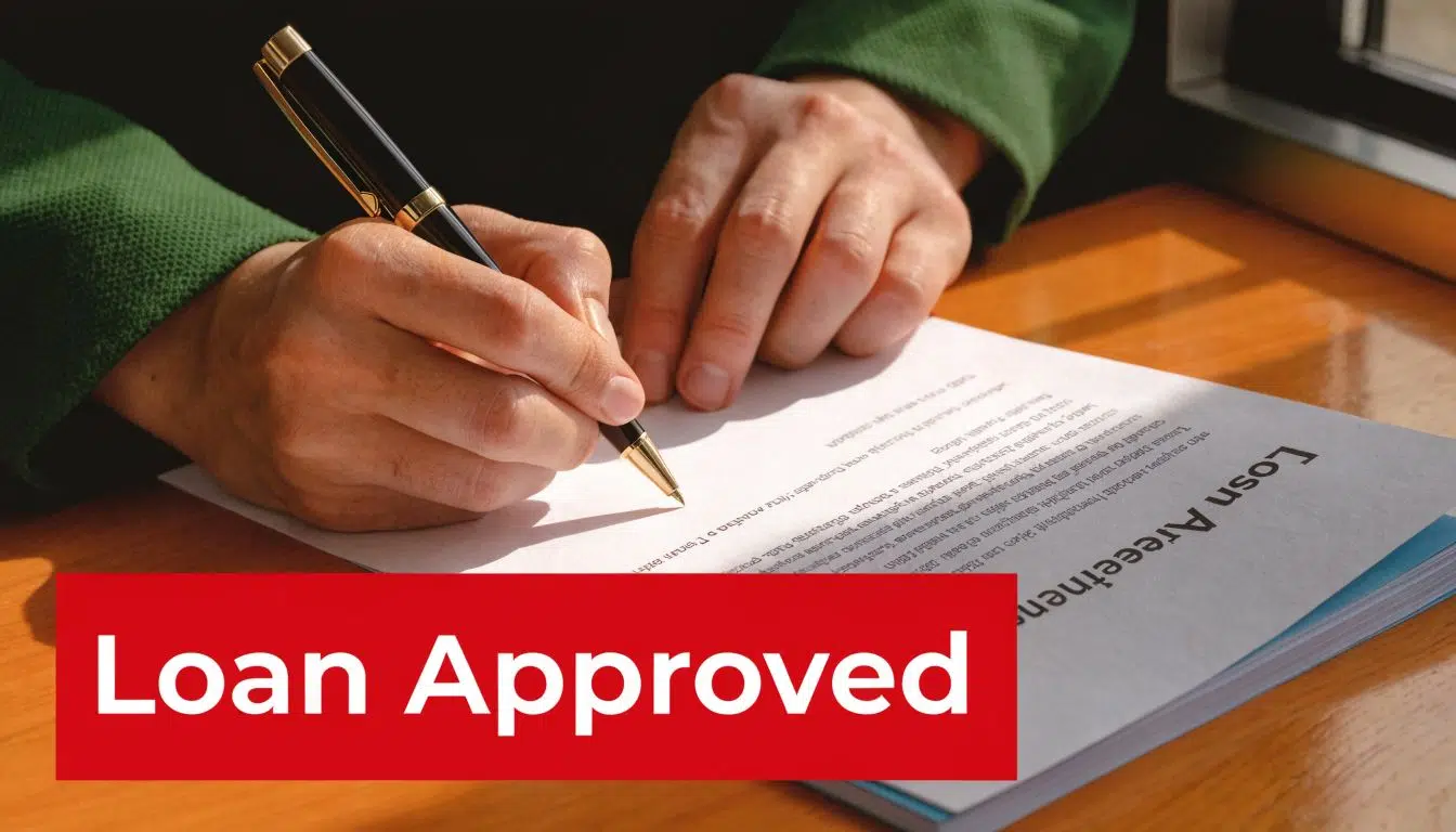 Can You Finance a Roof? (Options & Approval) 3 A person signing a loan agreement document at a desk, indicating the approval of a loan application.
