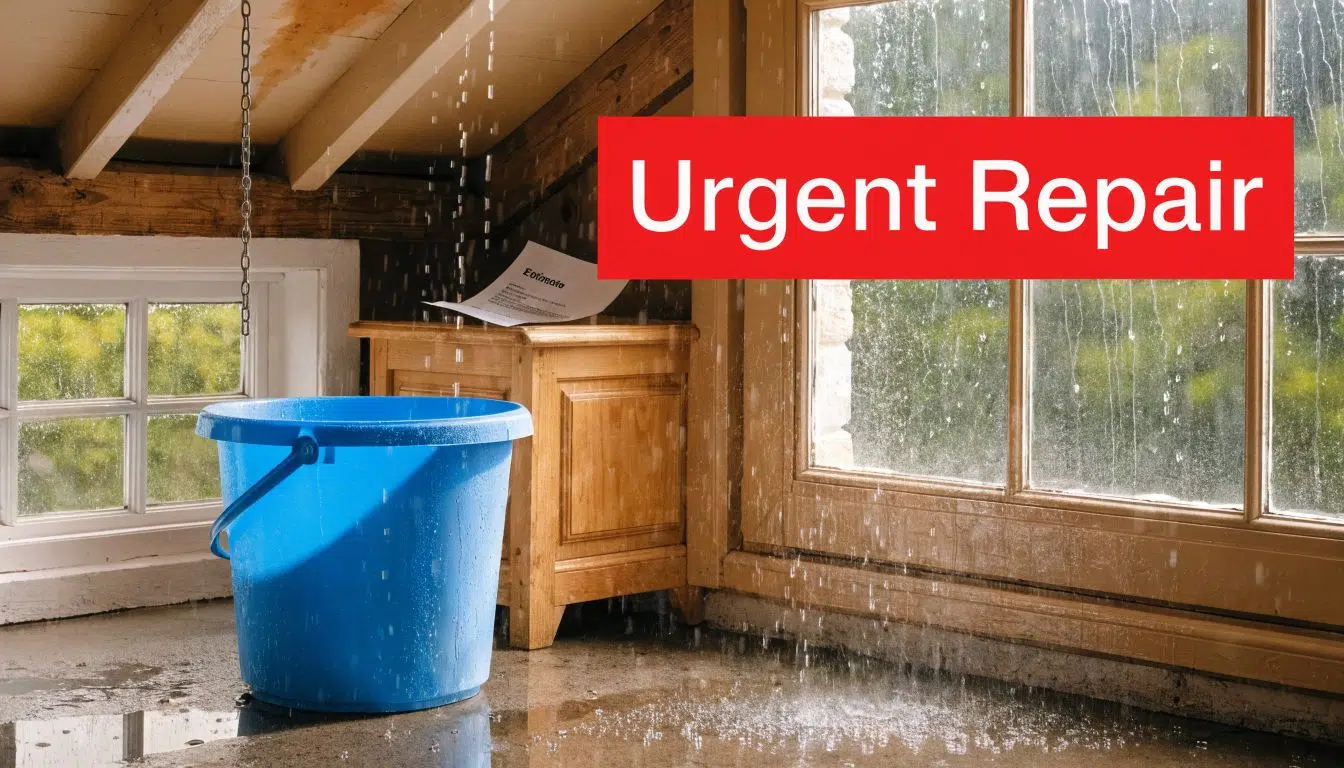 Can You Finance a Roof? (Options & Approval) 1 A blue bucket catching rain leaking from the ceiling in an attic room with a window.