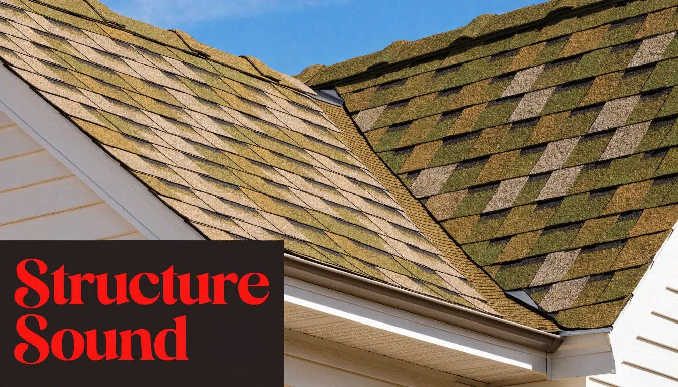 Can You Install a Metal Roof Over Shingles? Experts Guide 2 A close up view of an asphalt shingle roof on a home with a blue sky background.