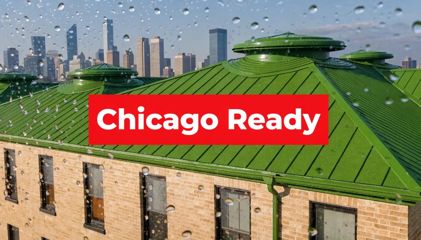Can You Install a Metal Roof Over Shingles? Experts Guide 4 A modern building featuring a green metal roof against a Chicago city skyline during rain.