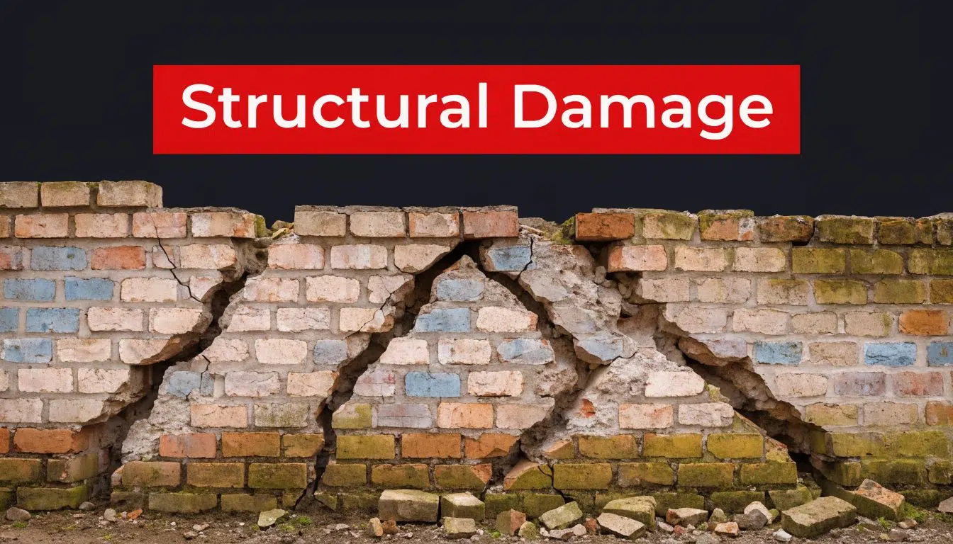 Cheaper Alternative to Repointing Brickwork 2 A weathered brick wall showing significant structural damage with large vertical cracks running through the mortar and masonry.