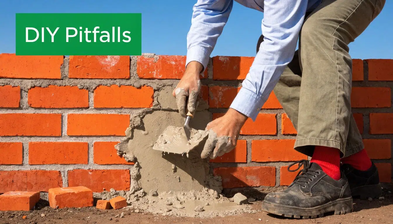 Cheaper Alternative to Repointing Brickwork 4 A person using a trowel to apply mortar between red bricks on a masonry wall construction site.