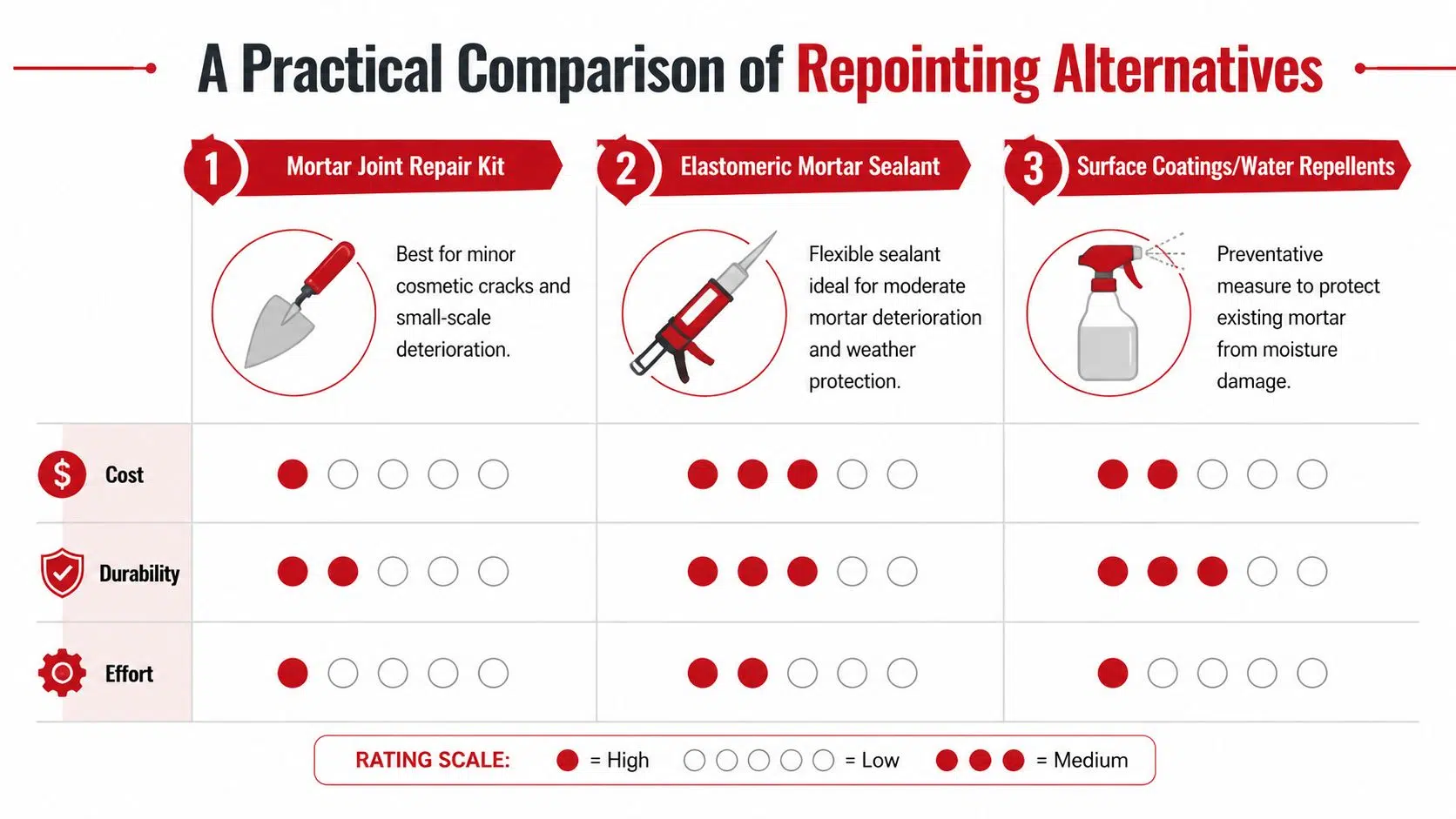 Cheaper Alternative to Repointing Brickwork 3 A comparison chart showing the cost, durability, and effort levels for three mortar repointing repair alternatives.