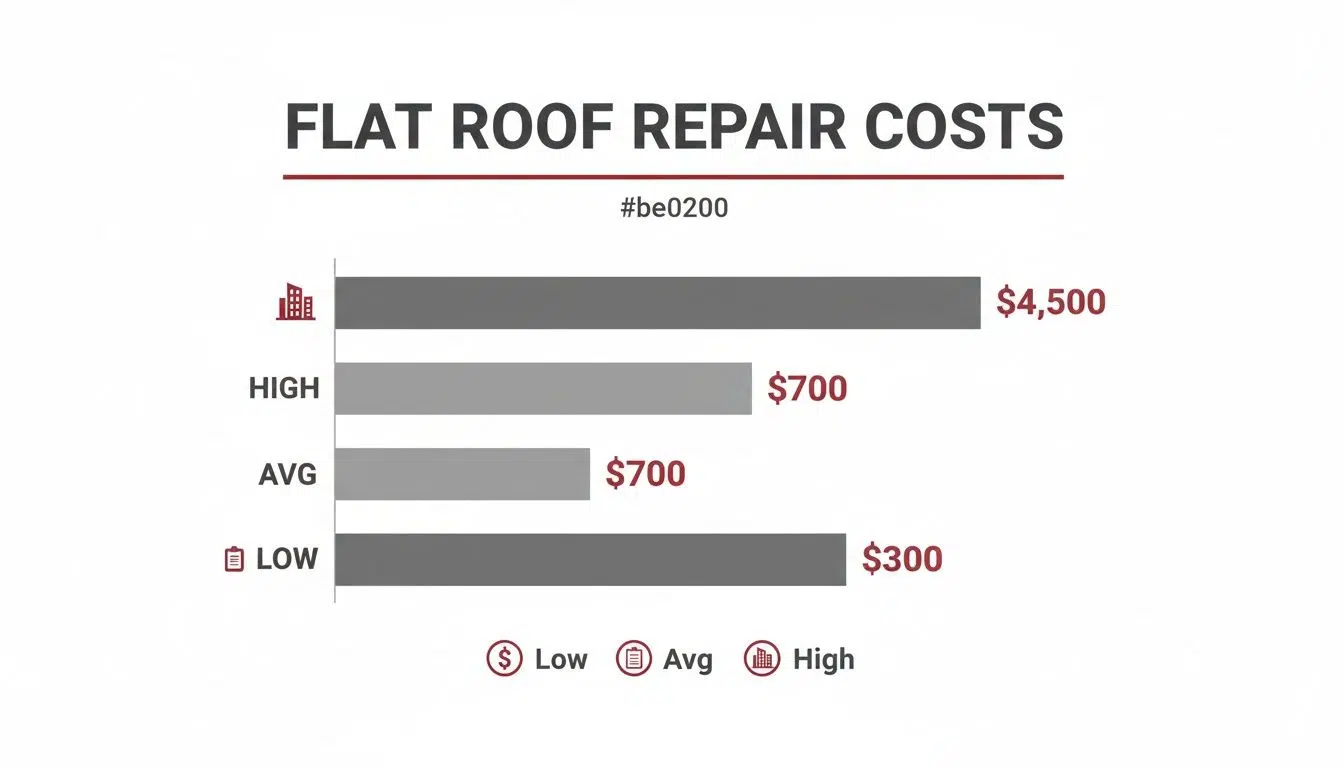Commercial Flat Roof Repair Cost (2026 Guide) 1 Bar chart showing flat roof repair costs: Commercial $4,500, High $700, Avg $700, Low $300.