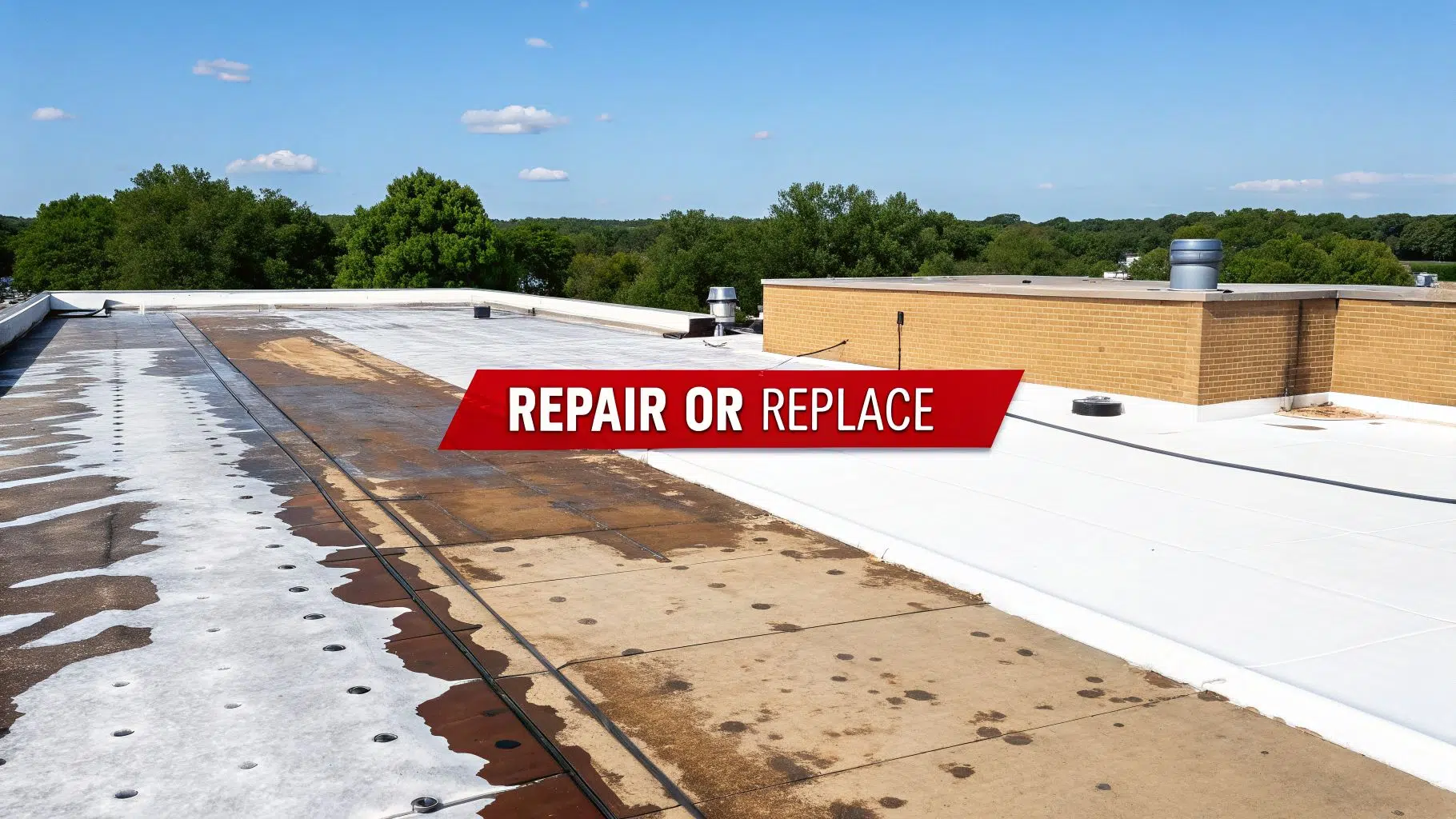 Commercial Flat Roof Repair Cost (2026 Guide) 2 A commercial flat roof shows contrasting sections of old, dirty material and new, clean white membrane, prompting 'REPAIR OR REPLACE'.