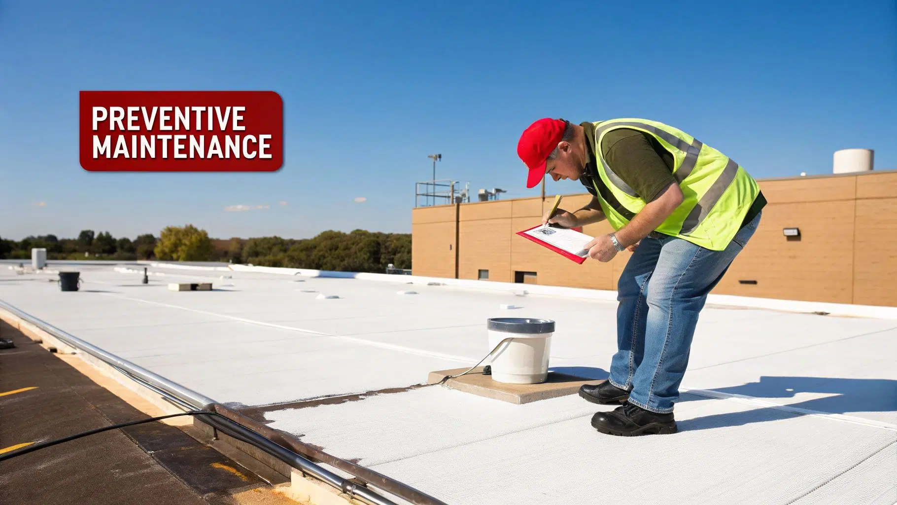 Commercial Flat Roof Repair Cost (2026 Guide) 3 Man in safety vest performing preventive maintenance on a large commercial flat roof.