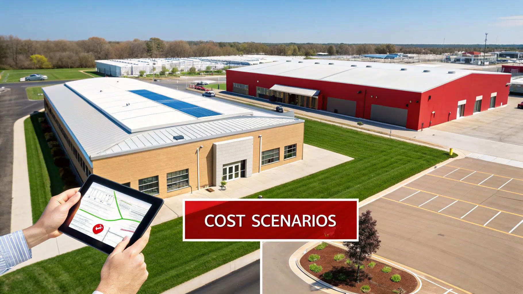Commercial TPO Roof Cost in Chicago (2026 Data) 3 Aerial view of two modern commercial buildings with solar panels and a tablet displaying a map, showing cost scenarios.