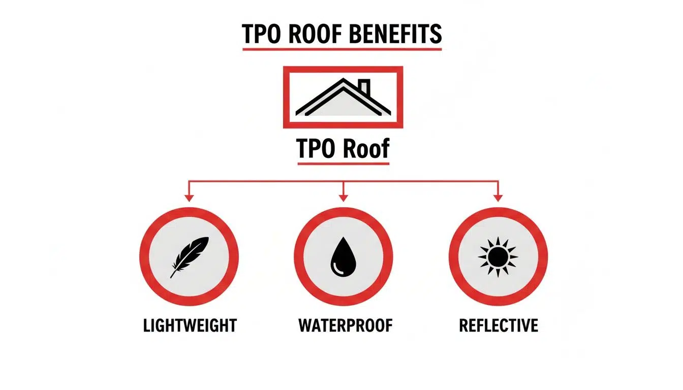 Commercial TPO Roof Cost in Chicago (2026 Data) 2 A diagram illustrating the benefits of TPO roofs: lightweight, waterproof, and reflective, with icons.