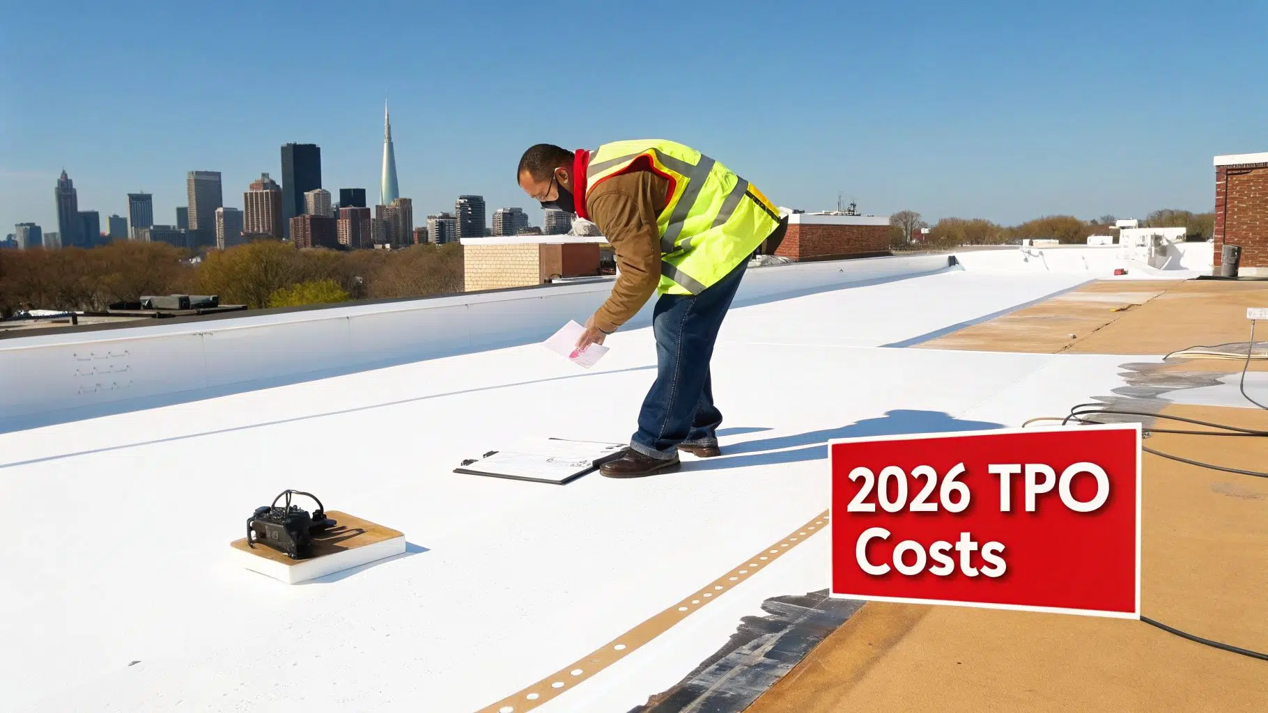 Commercial TPO Roof Cost in Chicago (2026 Data) 1 A man in a high-visibility vest inspects documents on a white TPO roof with a city skyline.