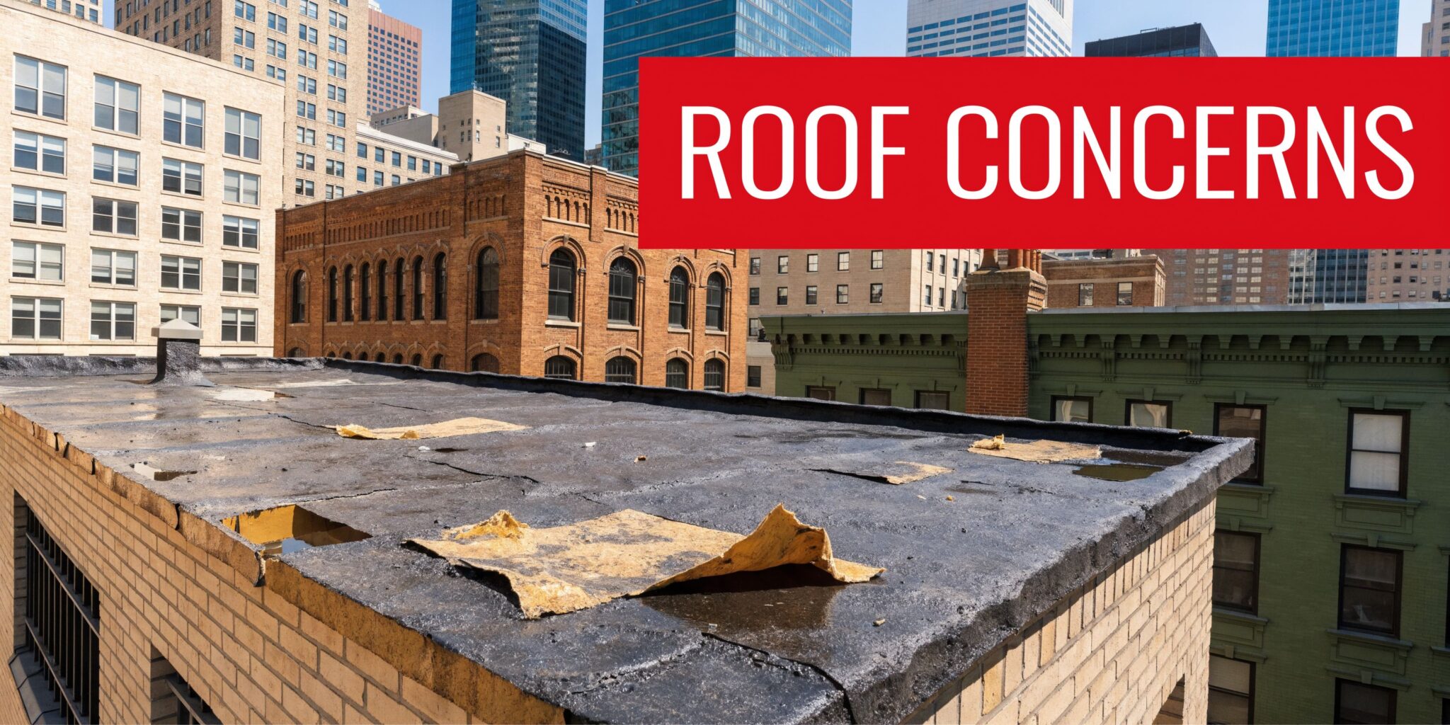 Get the 2026 Cost of Modified Bitumen Roof in Chicago 1 Damaged modified bitumen roofing on a Chicago building rooftop with peeling material and pooling water.
