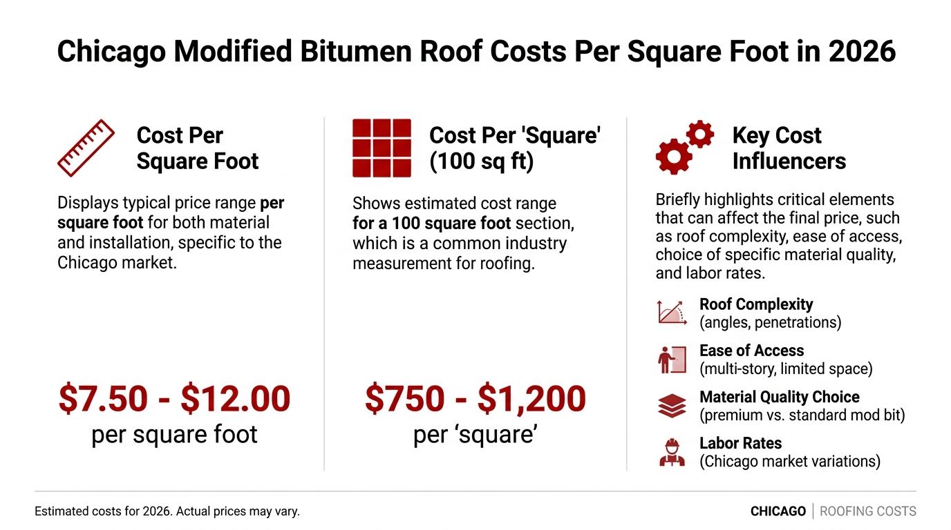 Get the 2026 Cost of Modified Bitumen Roof in Chicago 2 A chart showing estimated 2026 Chicago modified bitumen roof costs per square foot and per square unit.
