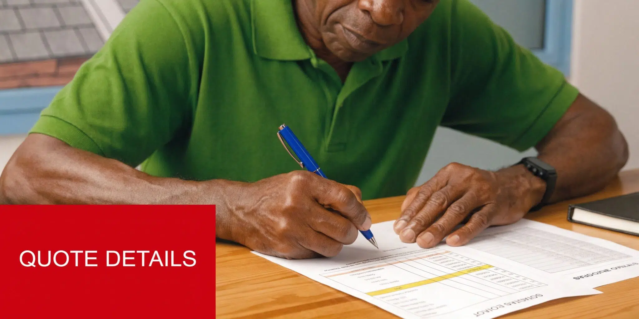 Get the 2026 Cost of Modified Bitumen Roof in Chicago 3 A man in a green polo shirt signs a document regarding roofing quote details at a desk.