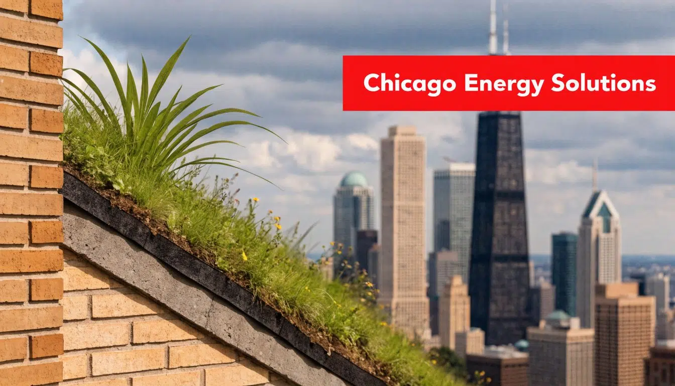 Does a New Roof Help With Heating and Cooling? (The Truth) 2 A green roof with plants overlooking a Chicago city skyline under a cloudy afternoon sky.