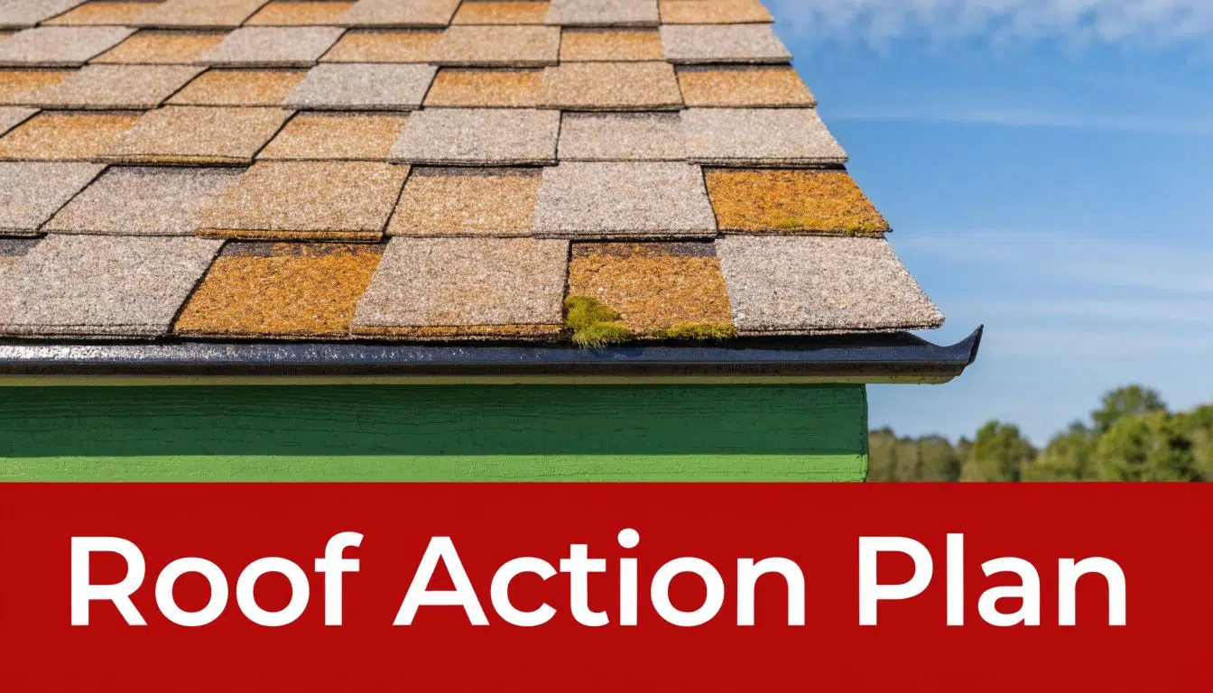 Does a New Roof Help With Heating and Cooling? (The Truth) 3 A close up view of residential asphalt roof shingles with moss growth and gutter on a house.