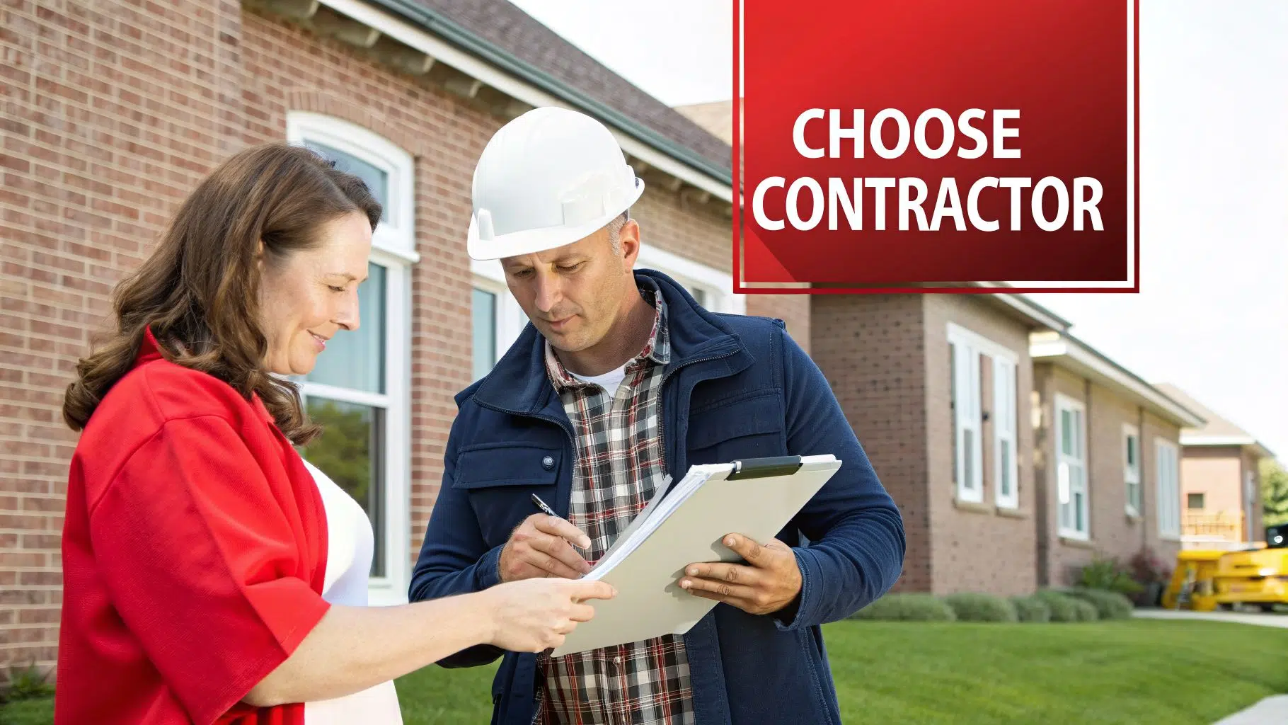A contractor in a hard hat signs a document while a woman points to it, outside a brick house.