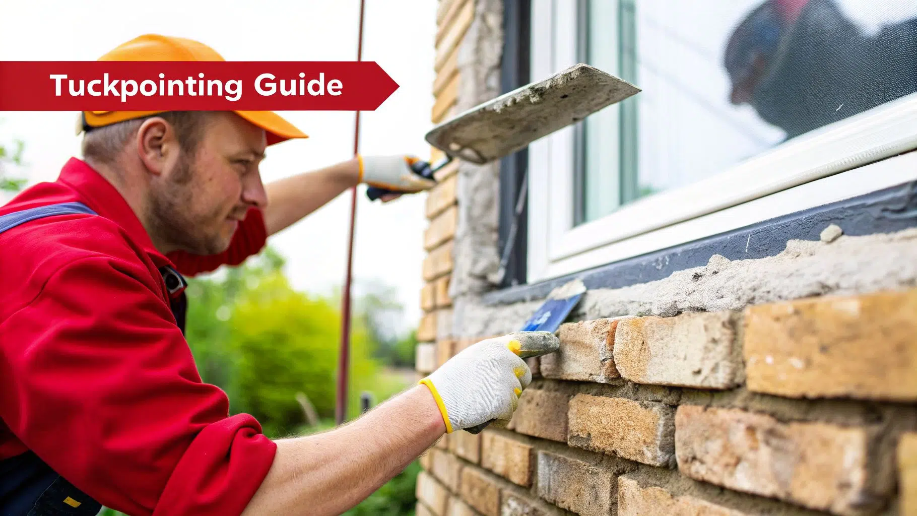 A construction worker tuckpointing a brick wall next to a window on a house exterior.