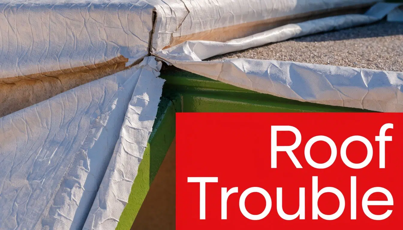 How Long Does a TPO Roof Last? 2 Close-up view of a damaged roof corner featuring white roofing membrane and a green structural frame.