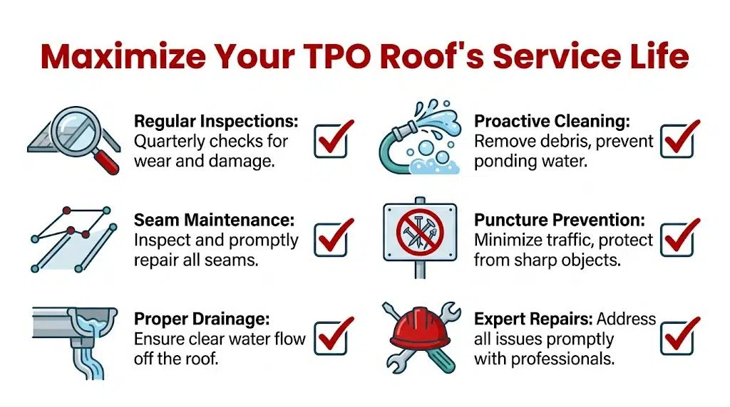 How Long Does a TPO Roof Last? 1 A helpful infographic showing six essential maintenance tips to extend the service life of TPO roofing systems.