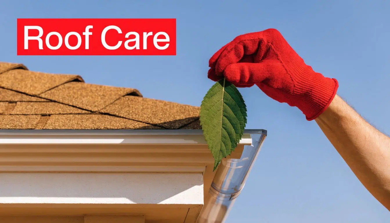 A gloved hand removes a green leaf from a home roof gutter for maintenance and cleaning.
