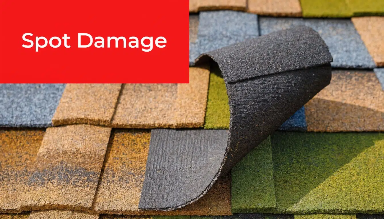 A close-up view of damaged asphalt roof shingles showing a curled edge on a residential roof.