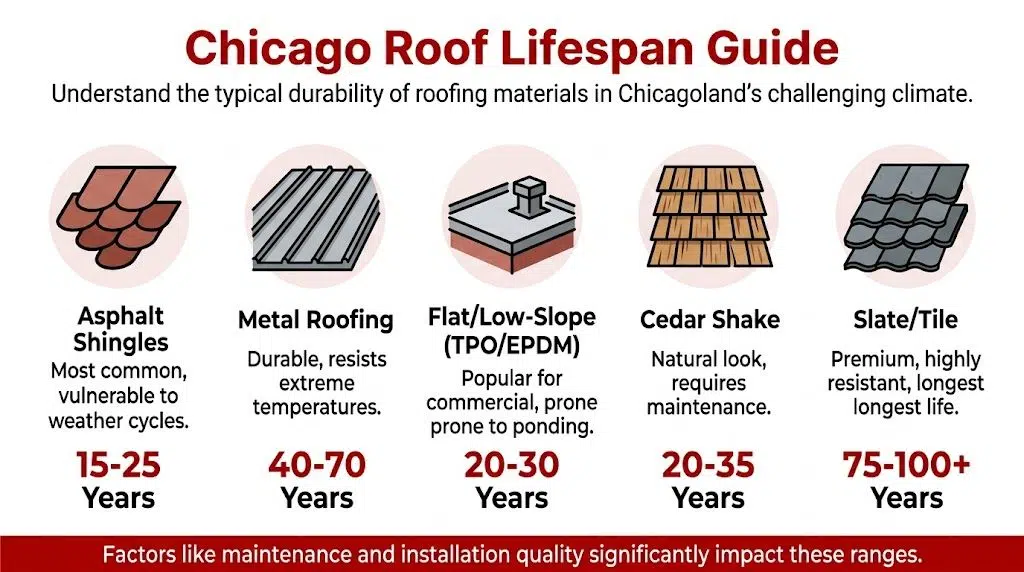 A guide showing the average lifespans of different roofing materials used in Chicago's challenging climate.
